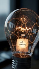 A stunning light bulb captures attention with its intricate design and soft glow. A small note inside reads still thinking, inviting viewers to ponder their own ideas and inspirations