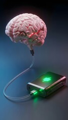 A striking visual shows a glowing brain connecting to a power bank, symbolizing the bridge between human cognition and modern technology. The background enhances the focused elegance of the scene