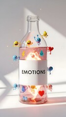 Bottled emotions swirl inside a glass container filled with vibrant colors, while animated characters express joy, sadness, and love in a whimsical dance