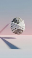 A striking stone levitates gracefully, wrapped in white material, casting a long shadow on a soft pastel background. This artwork captures the essence of modern creativity and minimalism