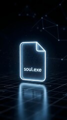 A glowing file icon with the label soul.exe hovers in a dark, digital space. The scene features network-like patterns, enhancing the tech vibe and suggesting a hidden world