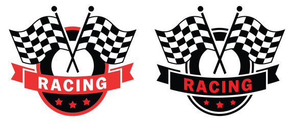 Racing Logos and Badges Vector Collection with Checkered Flags, Speed Lines, and Bold Typography for Motorsport Events and Automotive Branding