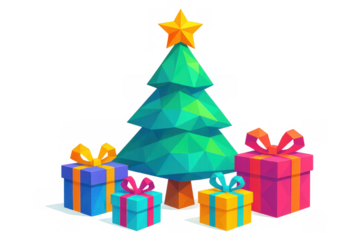 Low poly christmas tree with star and colorful gift boxes, celebrating holiday season and presents, transparent background