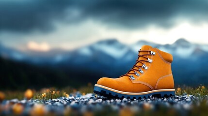Hiking boot standing on gravel path with distant snow capped mountains under cloudy sky, copy space