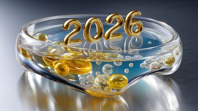 medical 2026. Golden 2026 numbers float in a clear bowl filled with colorful bubbles and liquid, creating a vibrant and dynamic visual representation of the upcoming year