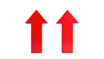 Two bright red upward arrows, side by side, with slight reflection on a stark black background