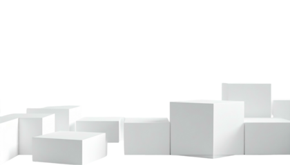 Arrangement of white cubes against a black background, creating a minimalist, abstract, elevated platform display