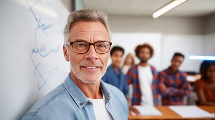 A professor leads an engaging lesson in atmospheric physics, surrounded by attentive students in a bright university classroom, sparking interest in science