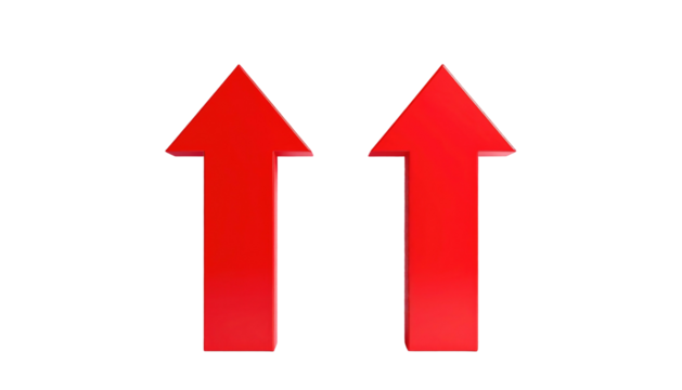 Two bright red upward arrows, side by side, with slight reflection on a stark black background