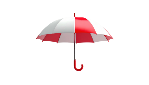 A glossy red and white striped umbrella is centered against a dark, void-like backdrop