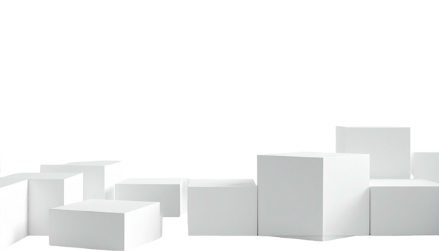 Arrangement of white cubes against a black background, creating a minimalist, abstract, elevated platform display