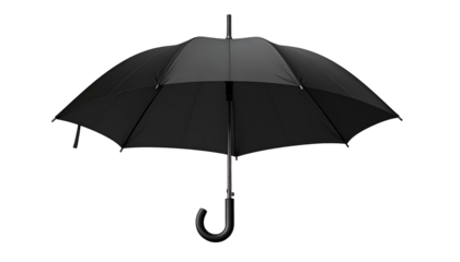 Opened black umbrella isolated on black. Dome-shaped, with curved handle, it suggests weather protection and style