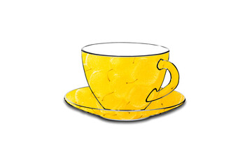 yellow raspberries and the outline of a cup and saucer on a white background
