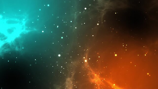 abstract contrasting nebula background with glowing cyan and red smoke and multi-color particles for movie trailers
