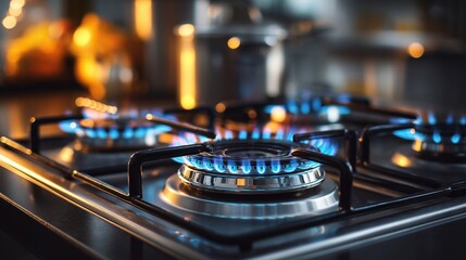 Gas stove burner with bright blue flames on modern stainless steel cooktop
