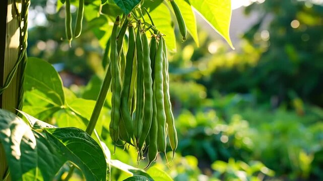Fresh Green Beans Hanging in Garden Sunlight