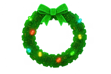 Circuit board christmas wreath forming a festive digital holiday decoration with glowing leds and green bow