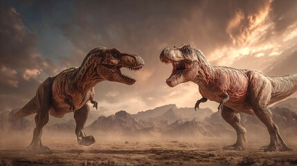 Two powerful tyrannosaurus rexes are facing each other, roaring and fighting on a dusty, arid landscape under a dramatic, cloudy sky, symbolizing ancient conflict and survival