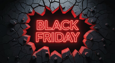 Black friday neon sign breaking through cracked wall with red glow effect