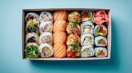 Fresh assortment of japanese sushi rolls and sashimi in a takeout boxmaki, uramaki and salmon sashimi arranged for delivery or restaurant takeaway, fresh and ready to eat