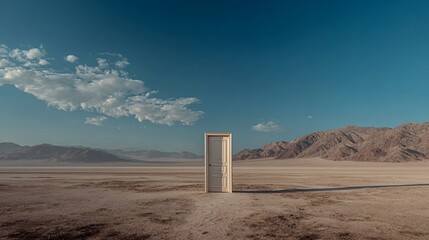 Door standing in the middle of a desolate desert landscape under a clear blue sky, evoking themes of opportunity, new beginnings, choice, and a passage to the unknown