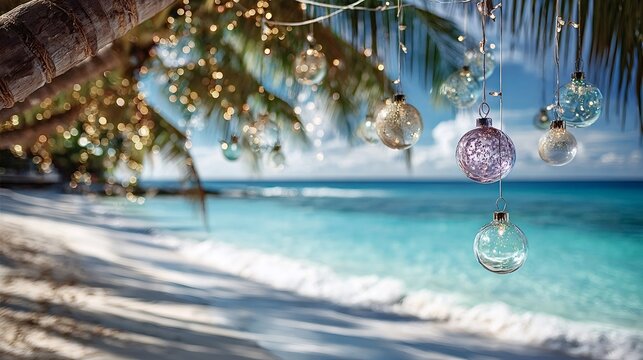 Festive christmas ornaments and sparkling lights adorn a palm tree branch, overlooking a beautiful tropical beach with turquoise ocean waters, conveying a warm holiday vacation concept