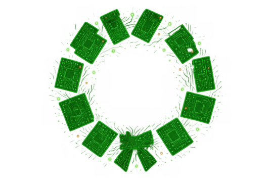 Circuit board christmas wreath forming a festive tech circle with glowing lights and bow on transparent background