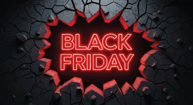 Black friday neon sign breaking through cracked wall with red glow effect