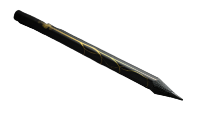 Black pencil with gold swirling pattern, angled upward on a dark background, artistic and simple in composition