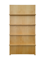 Wooden bookshelf with four empty shelves is isolated.
