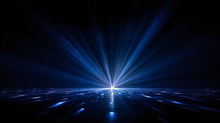 Blue light rays slice across a dark digital floor, forming a glowing grid tunnel that evokes futuristic speed, data flow, network connection, and high tech energy motion