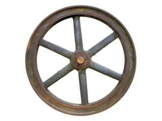 Old industrial metal wheel with six spokes is isolated.