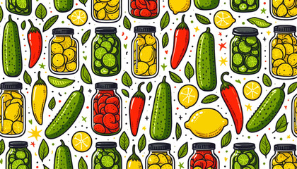 seamless vector pattern of vegetable pickle jar in hand drawn art