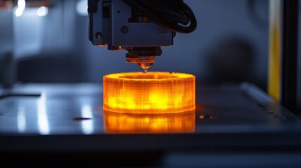 3D Printing Glowing Ring Close Up Precision Machine Layered Build Additive Manufacturing Technology Creating Object From Filament Orange Illumination Process Futuristic Innovation Concept