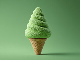 Bright green soft serve ice cream in a cone displayed against a simple background