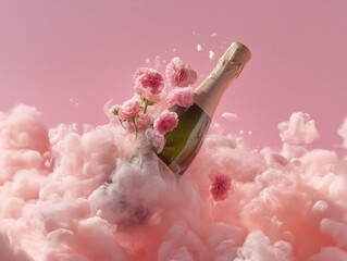 Champagne bottle surrounded by pink clouds and flowers creates a festive atmosphere for celebration