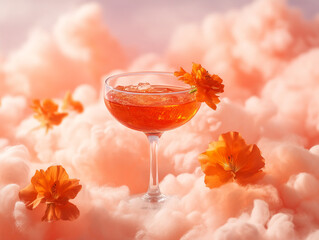 Colorful cocktail garnished with flowers sits atop fluffy pink cotton candy at a summer party