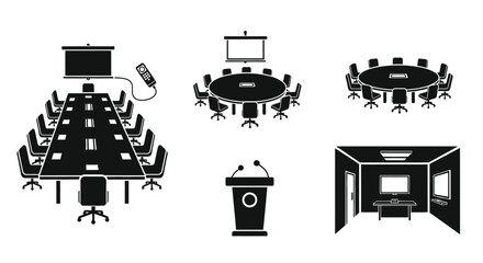 Conference room layouts presentation equipment and podium design in black silhouette