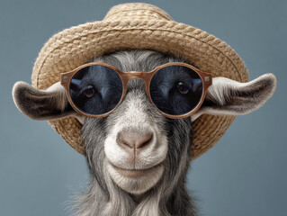Goat wearing sunglasses and a straw hat smiles against a blue background in a fun and playful setting
