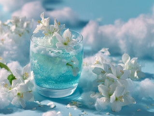Refreshing blue drink with white flowers surrounded by soft cotton on a pastel blue surface during a sunny day