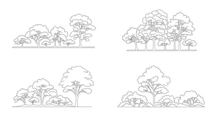 Line art depiction of various tree arrangements and landscape elements