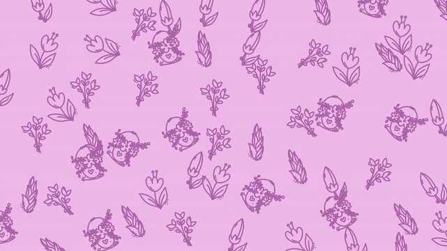 A seamless pattern with small, intricate line drawings of bunnies, flowers, and leaves on a lavender background