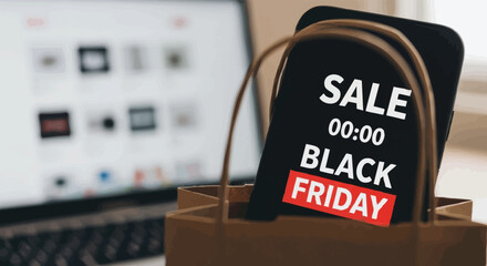 Black friday sale advertisement in shopping bag near laptop