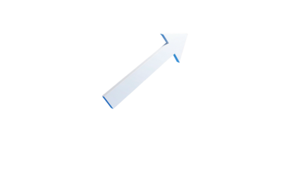 Upward-pointing, three-dimensional white arrow against a stark black background, angled diagonally upward to the right