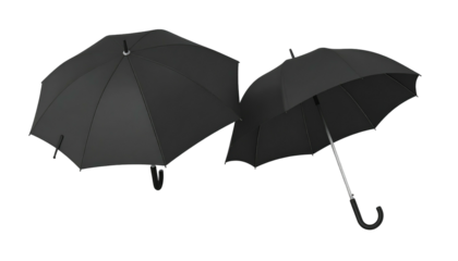 Two black umbrellas against a black background, one angled, the other upright. Rain protection on a dark stage
