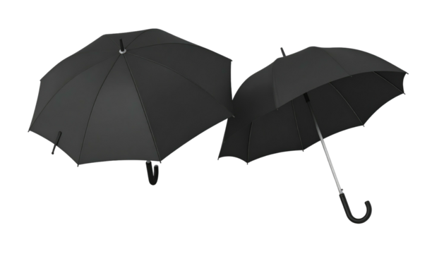 Two black umbrellas against a black background, one angled, the other upright. Rain protection on a dark stage