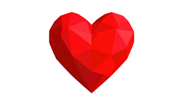 Low-poly red heart shape against a black background, created by many triangles, conveying love and affection