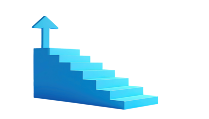 Blue staircase rendered on black background. Stair steps lead upwards, with a light blue arrow at the top, pointing up