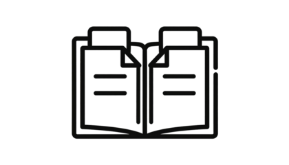 Simple line art of two opened books/clipboards with text, displayed against a black background, minimalist style
