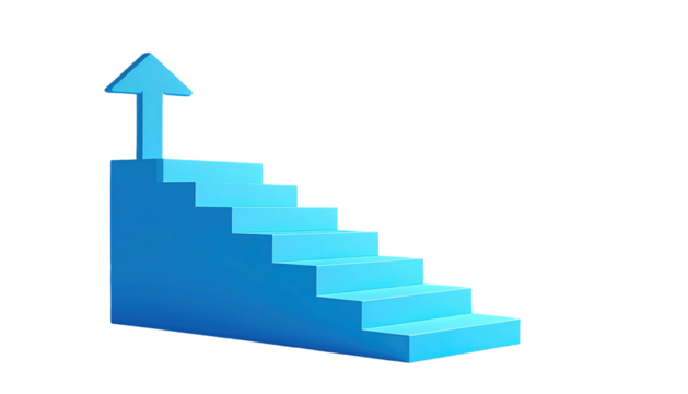Blue staircase rendered on black background. Stair steps lead upwards, with a light blue arrow at the top, pointing up